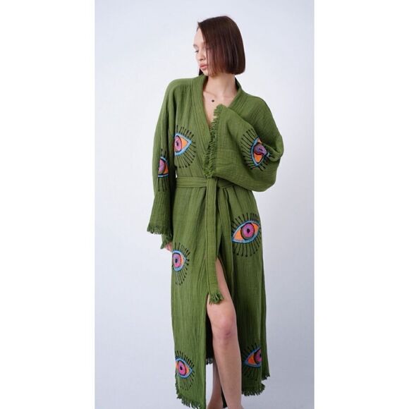 Rare-Olive HAND PAINTED EVIL EYE KAFTAN ROBE ~ MADE TO ORDER / One Size - Picture 1 of 7